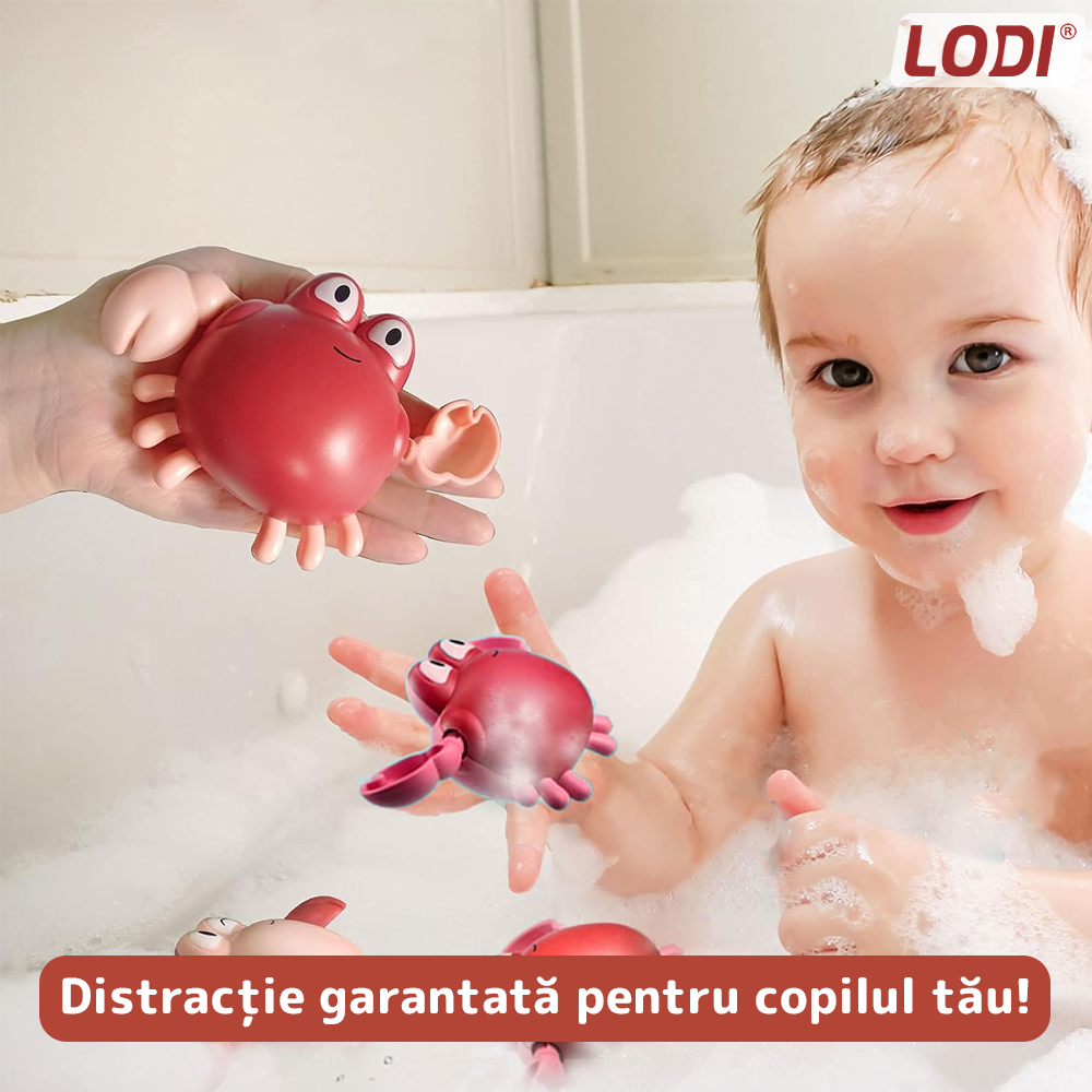 Jucarie de Baie pentru Copii Lodi857, Crab Inotator, interactiva, fara baterii, mecanism cu cheita, 9 x12 cm, bej/rosu