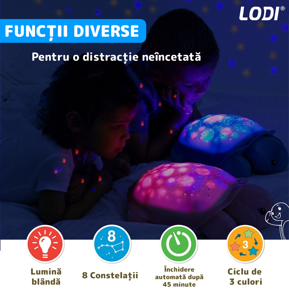 Lampa de Veghe Testoasa Lodi1430, proiector de lumini, 8 constelatii, lumina RBG, 2 cantece de adormit copiii, pufoasa si moale, mod inchidere automata, albastru