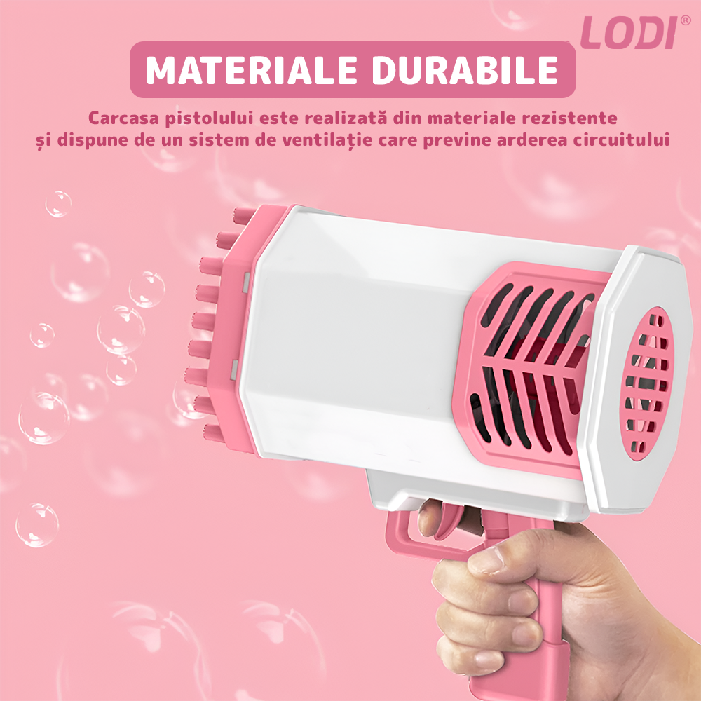 Pistol de Facut Baloane Bubble Gun Lodi1214, tip Bazooka, automat, 34 orificii pentru bule, alimentare cu baterii, roz/alb