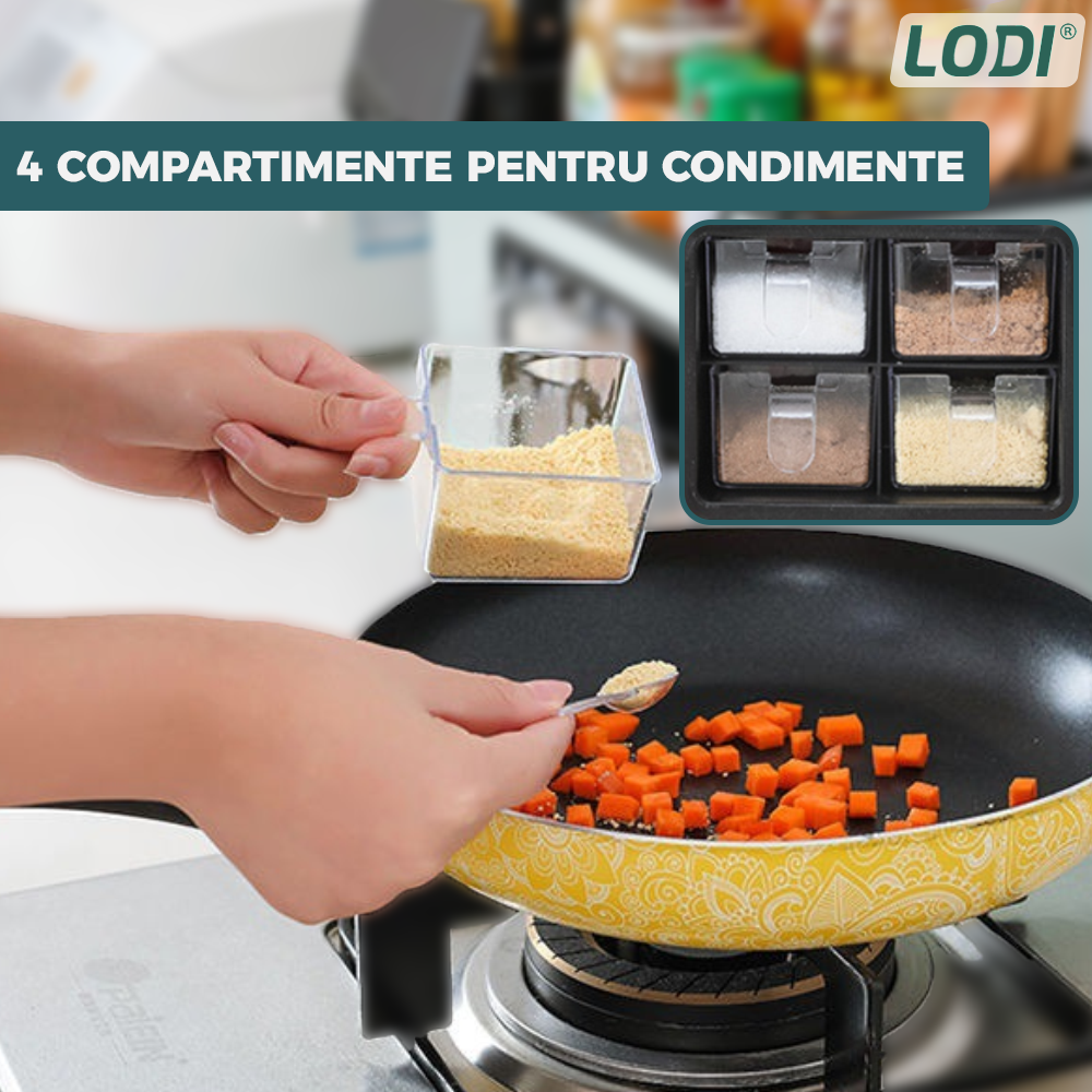 Organizator Multifunctional pentru Bucatarie Lodi537, 4 Compartimente, raft condimente, suport detasabil telefon, tavita de scurgere, suport tacamuri/ustensile, verde inchis