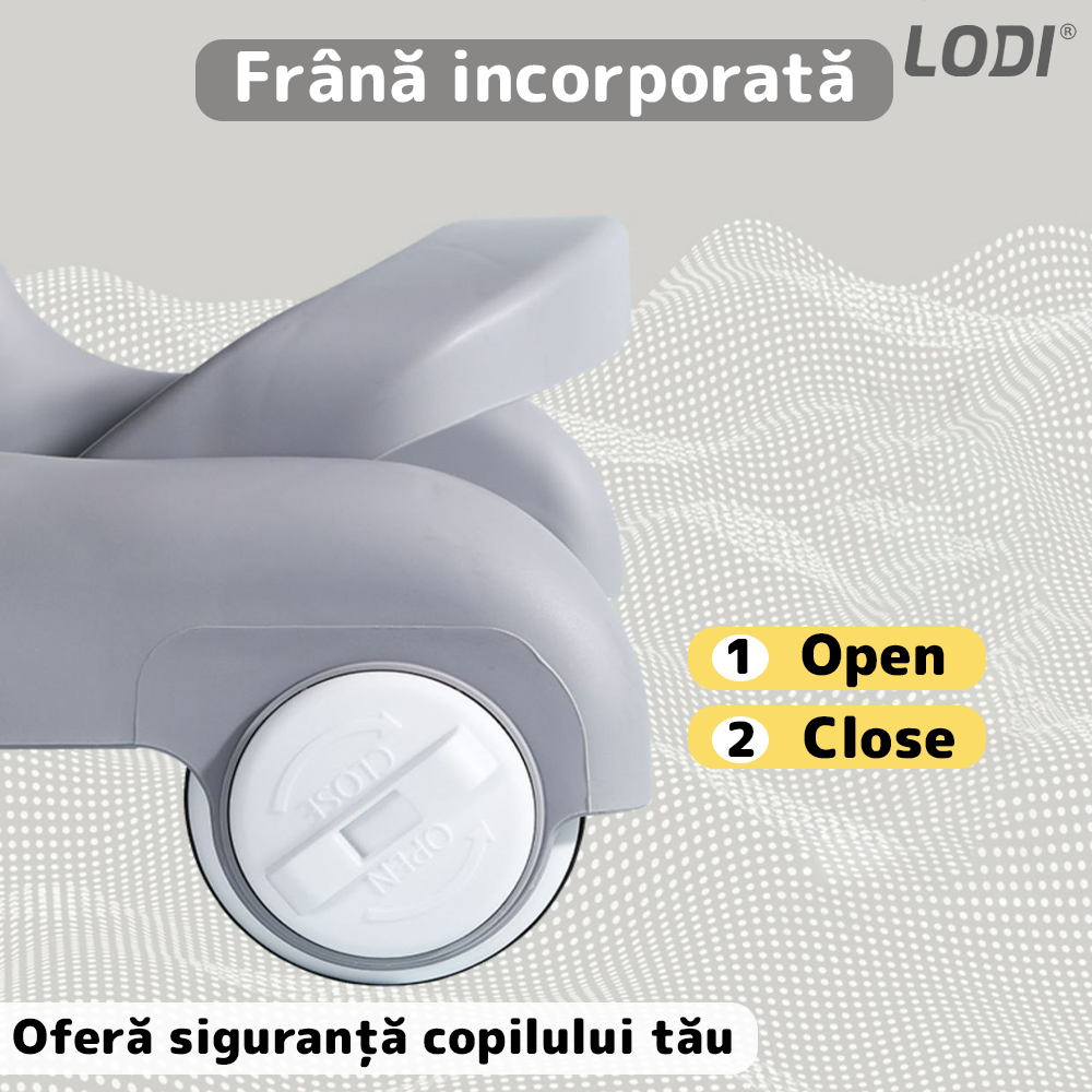 Premergator Multifunctional pentru Bebelusi Lodi637, tava cu 3 jucarii, muzica, reglabil, pliabil, greutate max 20kg, 6-36 luni, gri deschis