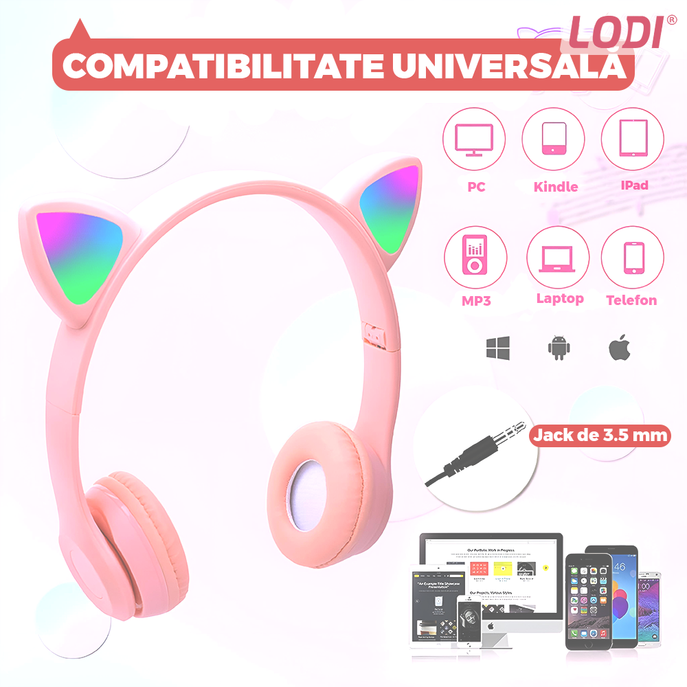 Casti Wireless Model Pisica Lodi951, P47M, overear, urechi de pisica cu iluminare RGB, bluetooth 5.0, handsfree, HiFi, bass stereo, roz