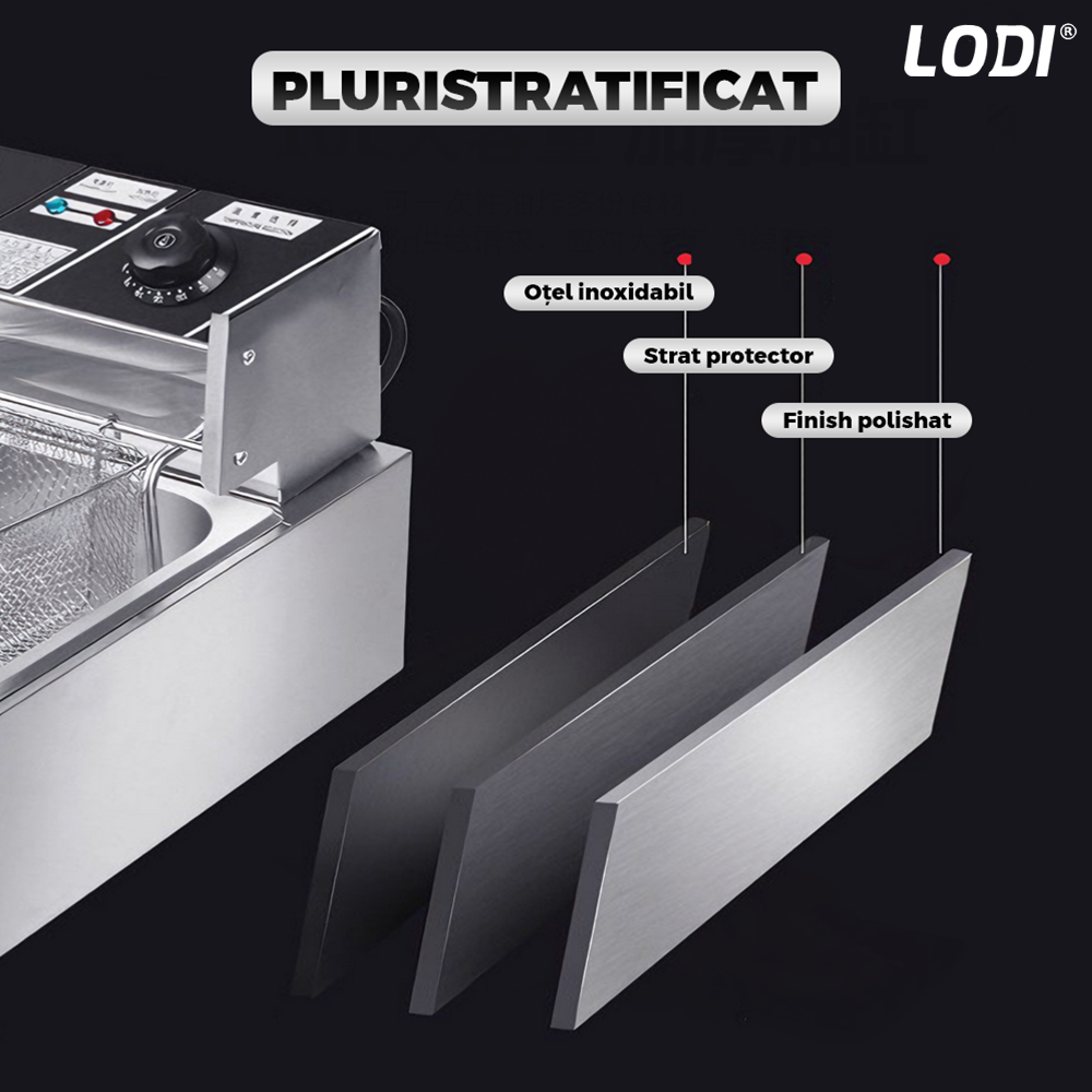 Friteuza Electrica Comerciala Lodi1110, un rezervor, usor de curatat, cos auto-strecurabil, blat din otel inoxidabil, capac pentru prevenirea stropirii, capacitate 10L, gri