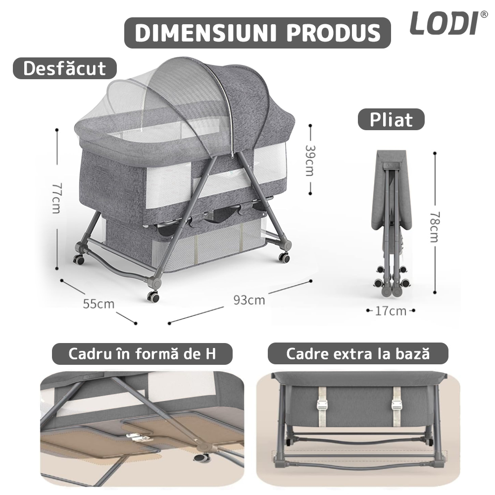 Patut Pliabil pentru Bebelusi Lodi1069, 3 trepte de inclinare, sistem de blocare, plasa anti-insecte, cos depozitare, gri