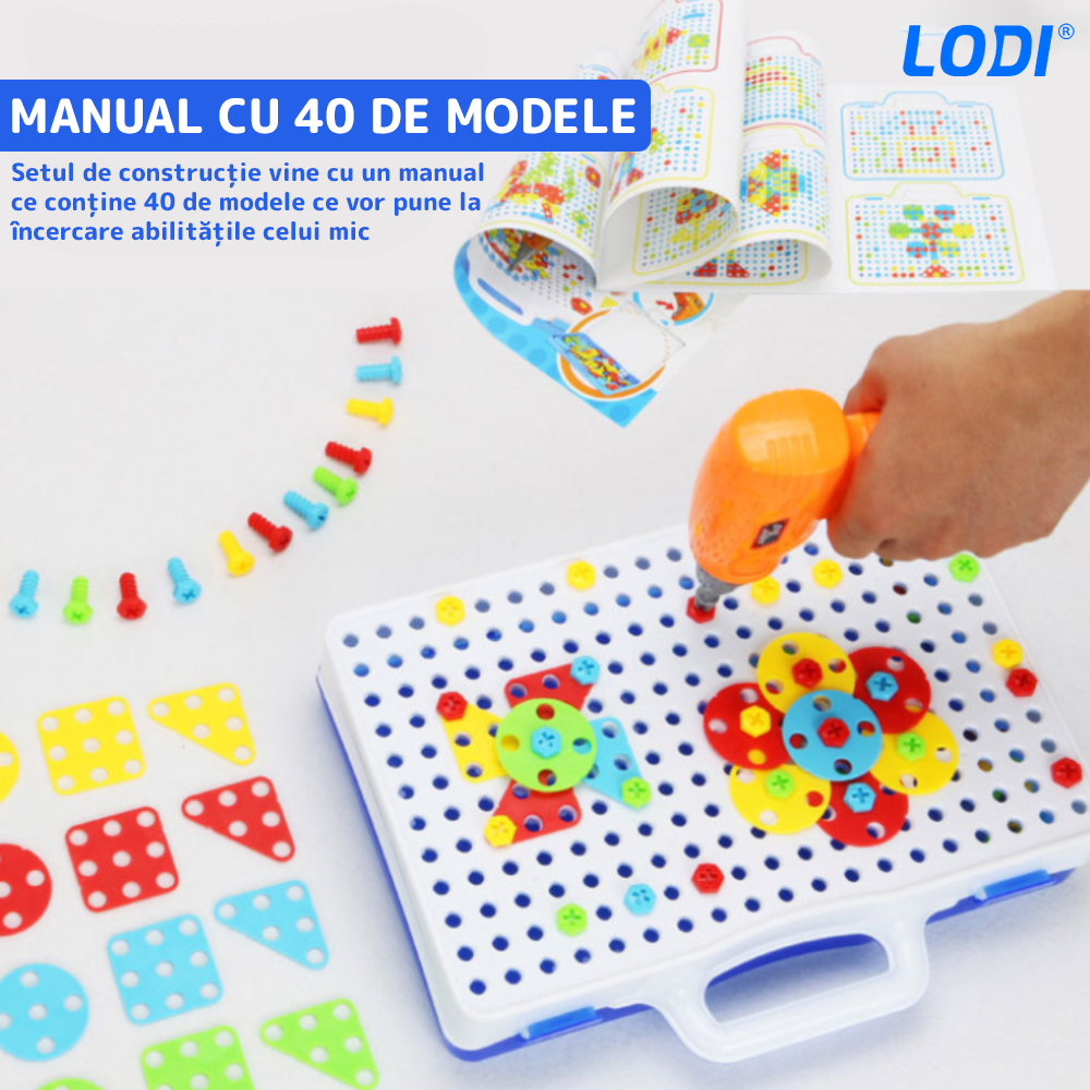 Jucarie Educativa si Interactiva 4in1 Lodi511, 151 piese, bormasina pentru inginerie, pentru fete si baieti, manual inclus, puzzle 3D/2D, dezvoltare STEM, montessori, multicolor