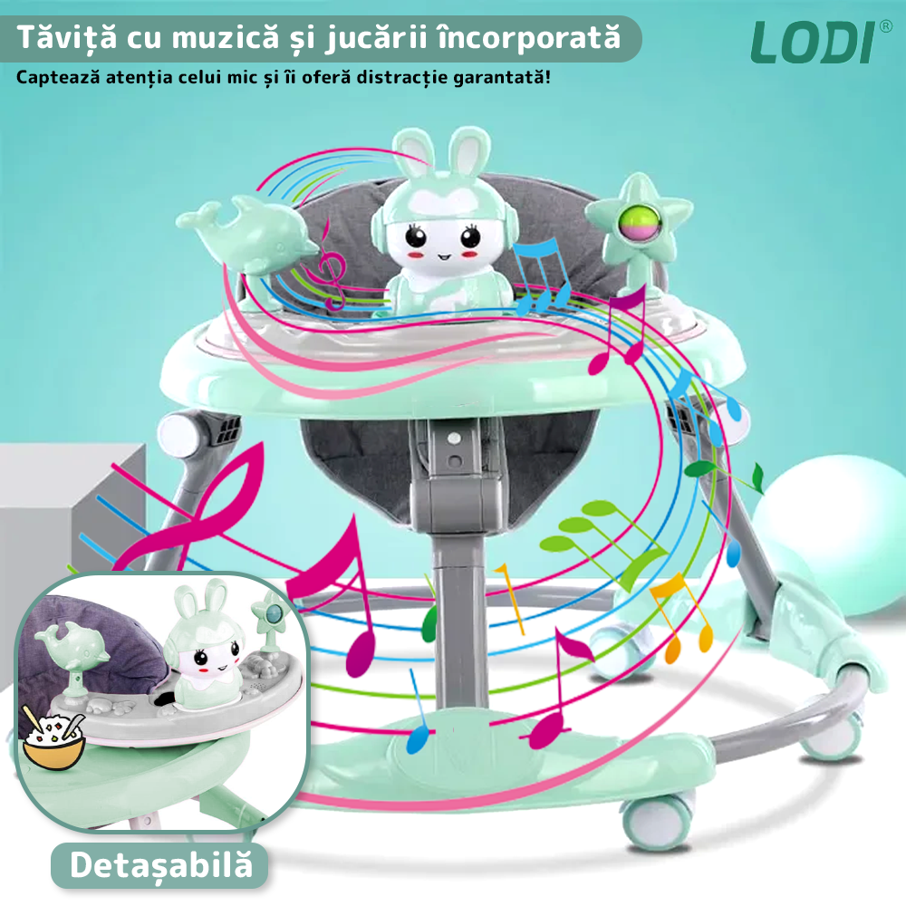 Premergator Multifunctional pentru Bebelusi Lodi638, tava cu 3 jucarii, muzica, reglabil, pliabil, greutate max 20kg, 6-36 luni, verde