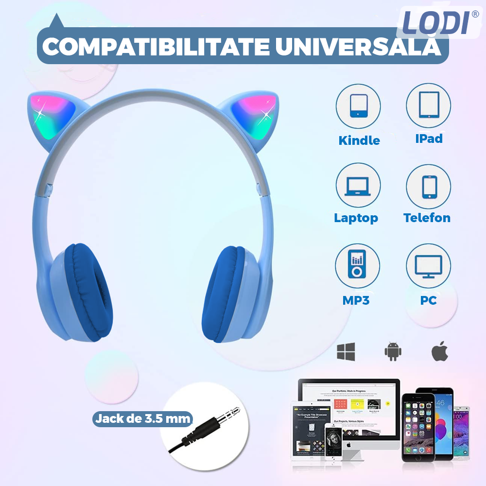 Casti Wireless Model Pisica Lodi955, P47M, overear, urechi de pisica cu iluminare RGB, bluetooth 5.0, handsfree, HiFi, bass stereo, albastru deschis