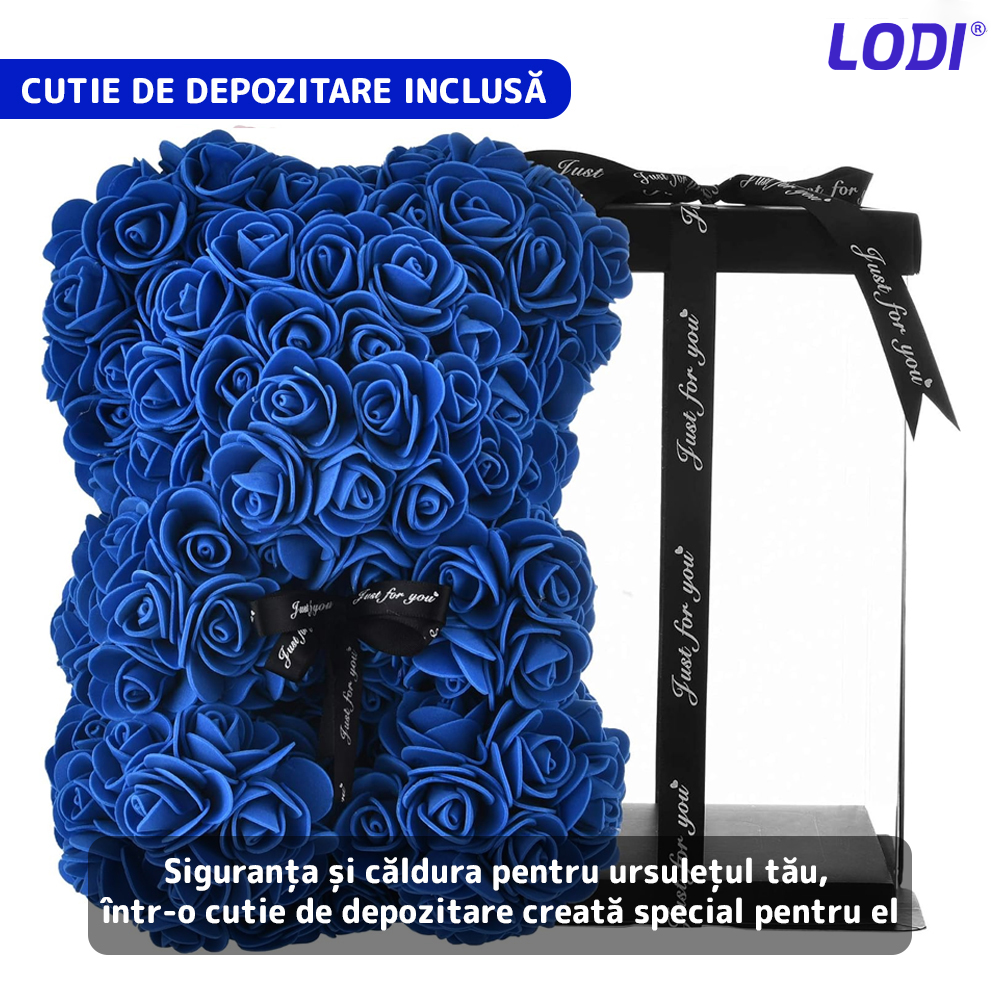 Ursulet din Trandafiri de Spuma Lodi332, floral albastru, handmade, cutie transparenta, 25 cm
