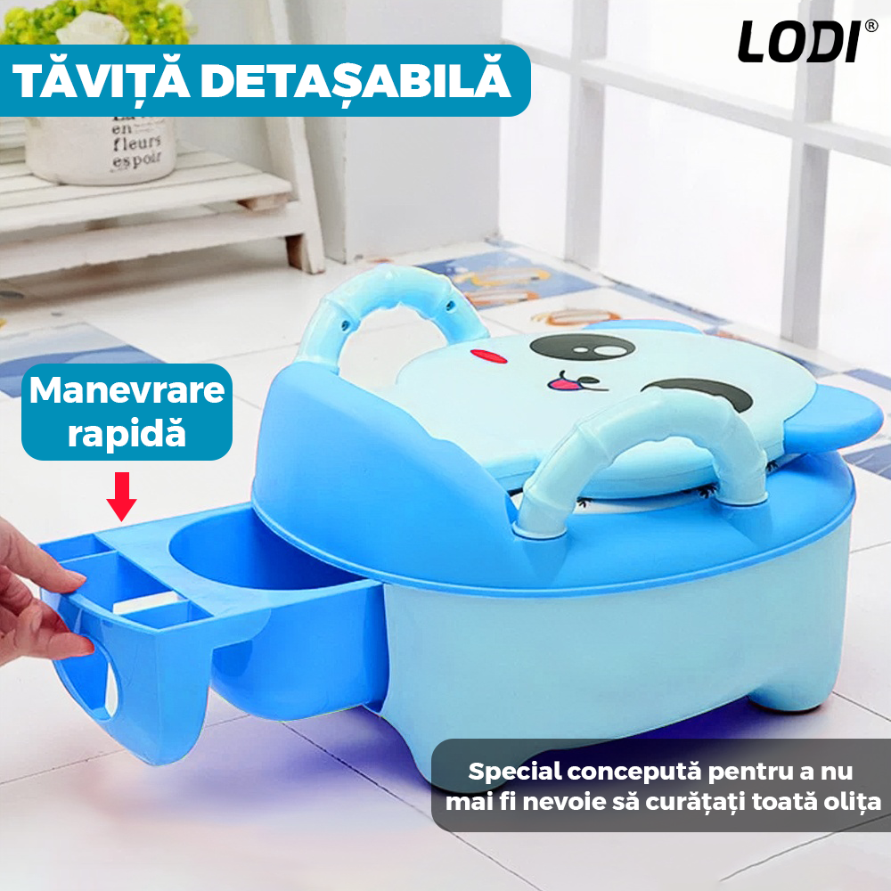 Olita Educationala Lodi653, model panda, imita toaleta, capac cu urechiuse, recipient detasabil, confortabila, albastru