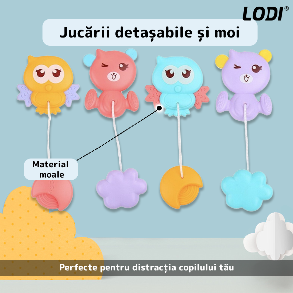 Carusel Muzical pentru Patut Lodi525, Bebe, control prin telecomanda, proiector, muzica si lumini, jucarii detasabile, albastru deschis