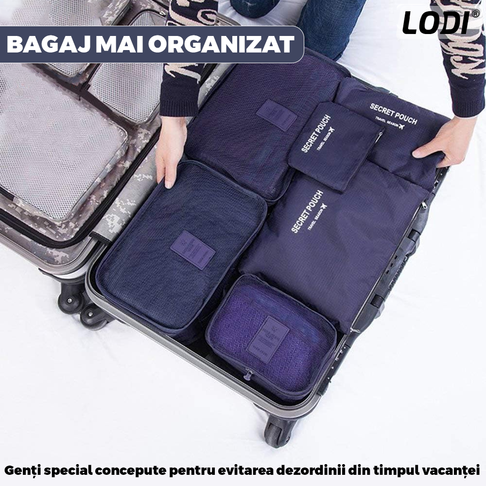 Set 6 Organizatoare Lodi671, pentru calatorie, diferite marimi, bagaj de voiaj, valiza, troler, genti, haine, accesorii, inchidere cu fermoar dublu, plasa, albastru inchis