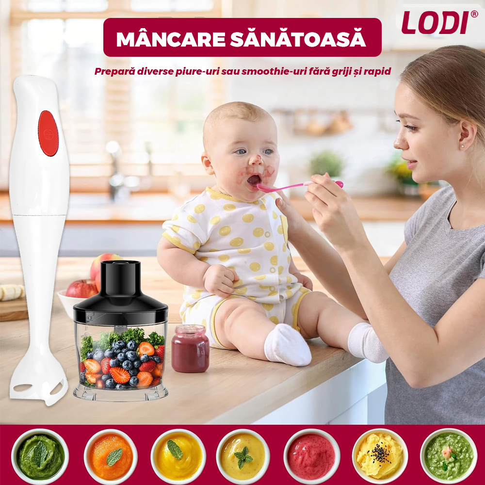 Mixer Vertical Lodi1514, viteza ridicata, lame de inox, turbo, cap detasabil pentru curatare, pentru smoothie/ piure, eficienta ridicata, 300 W, alb