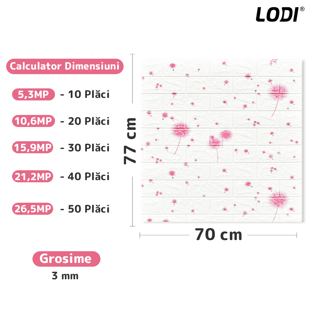 Set Tapet Caramida 3D Lodi74, model Flori, suprafata acoperire 5.3 mp, autoadeziv, waterproof, usor de montat, design modern, 70x77 cm, alb