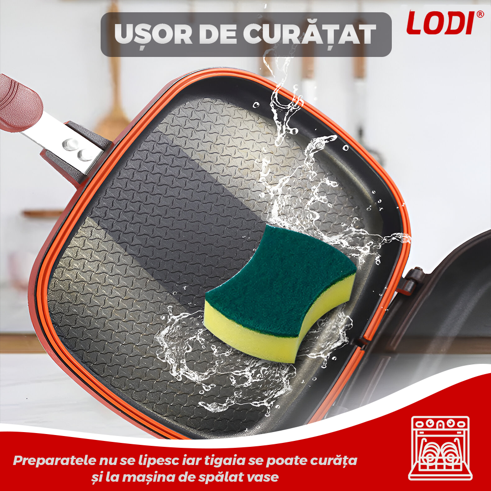 Tigaie Dubla cu Presiune Lodi1216, doua fete, pliabila, pluristratificata, invelis din ceramica, pentru griil sau gatit clasic, rosu/negru