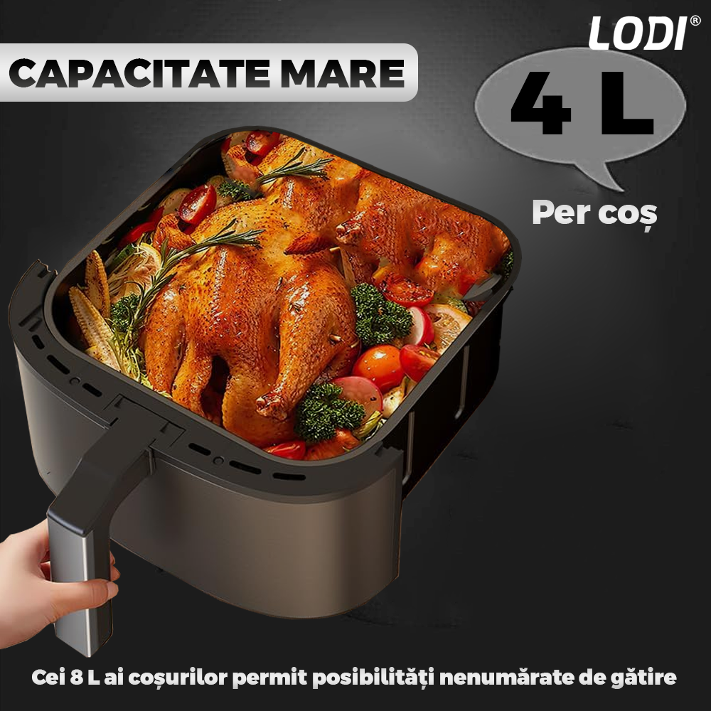 Friteuza Dubla Fara Ulei Air Fryer Lodi855, 100 tavi de copt cadou,tehnologie smart sensing, programe smart chef automate, afisaj digital, capacitate 8 L, tehnologie de eliminare a grasimii, functie de pastrare la cald,tensiune alimentare 220-240 V, negru
