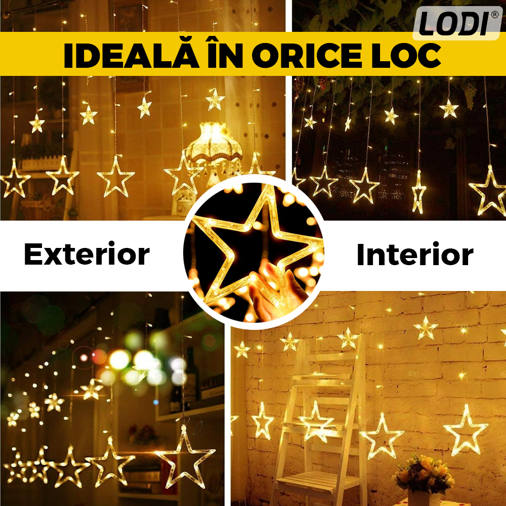 Instalatie de Craciun Tip Perdea Lodi1444, 3x3 m, model stelute, 8 jocuri de lumini, alimentare la priza, fir transparent, interior/exterior, rezistenta la apa, 12 figurine, alb cald