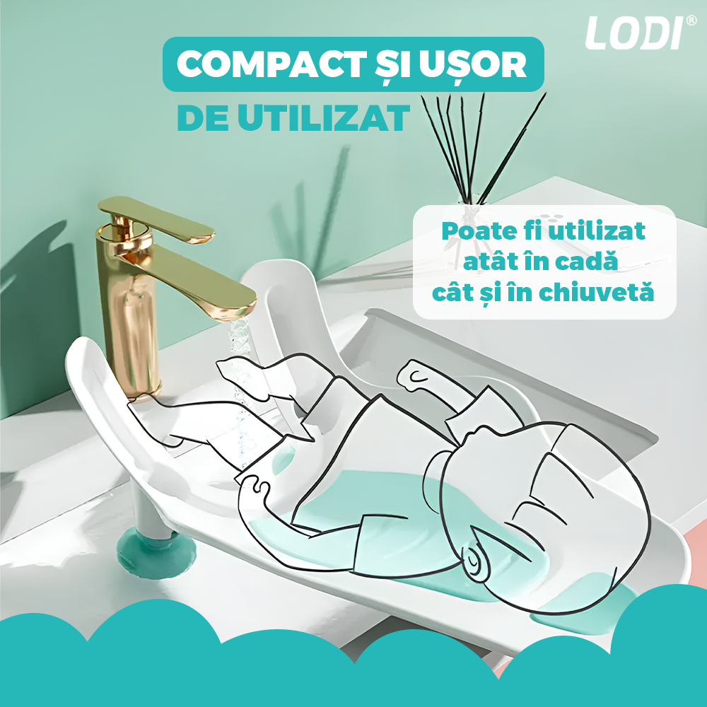 Scaun Portabil de Baie Lodi980, nou-nascuti si bebelusi, cu suport montabil tip ventuza pe chiuveta, lavoar sau cada, antiderapant, colturi rotunjite, turcoaz