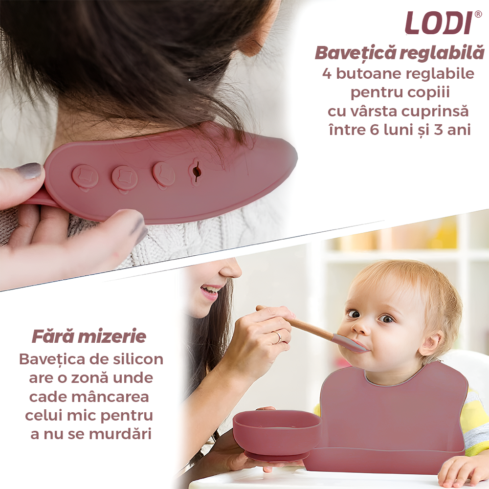 Set Hranire Bebeulsi Lodi1007, 6 piese, termorezistente, silicon, fara BPA, pliabile, usor de curatat, roz inchis
