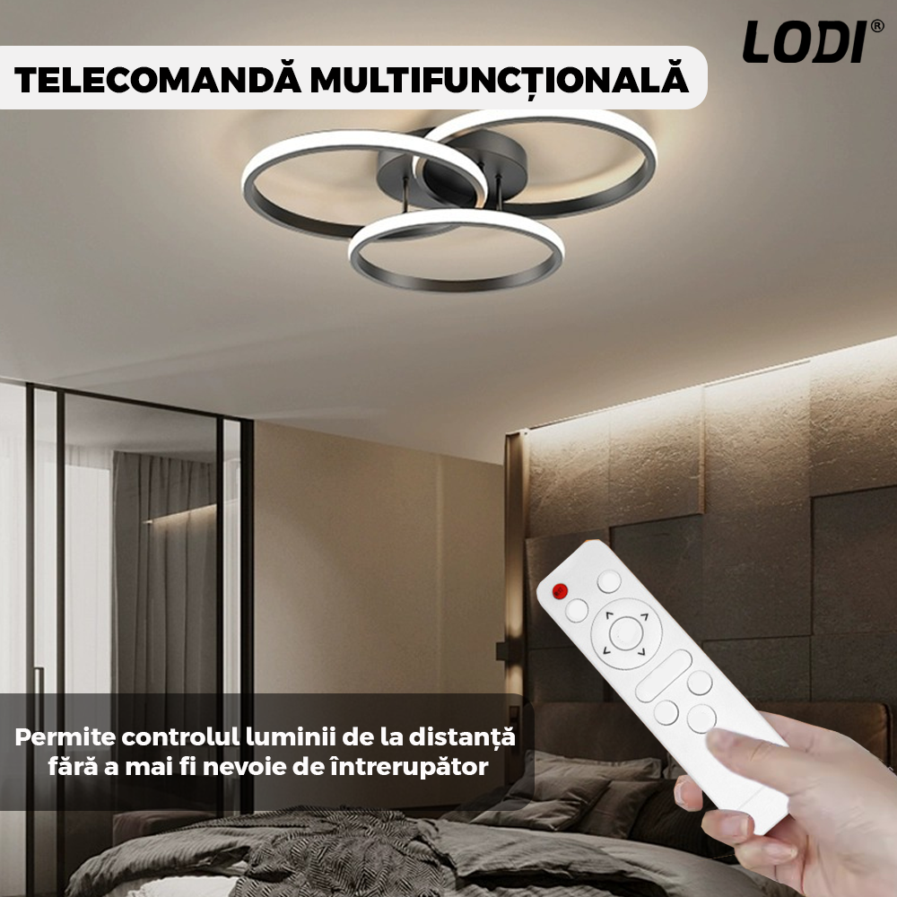 Lustra LED 3 Cercuri Lodi427, dimabila cu telecomanda, 3 tipuri de lumina, intensitate ajustabila, lumina alba rece, neutra, alba cald, putere 76 W, 47.7 cm