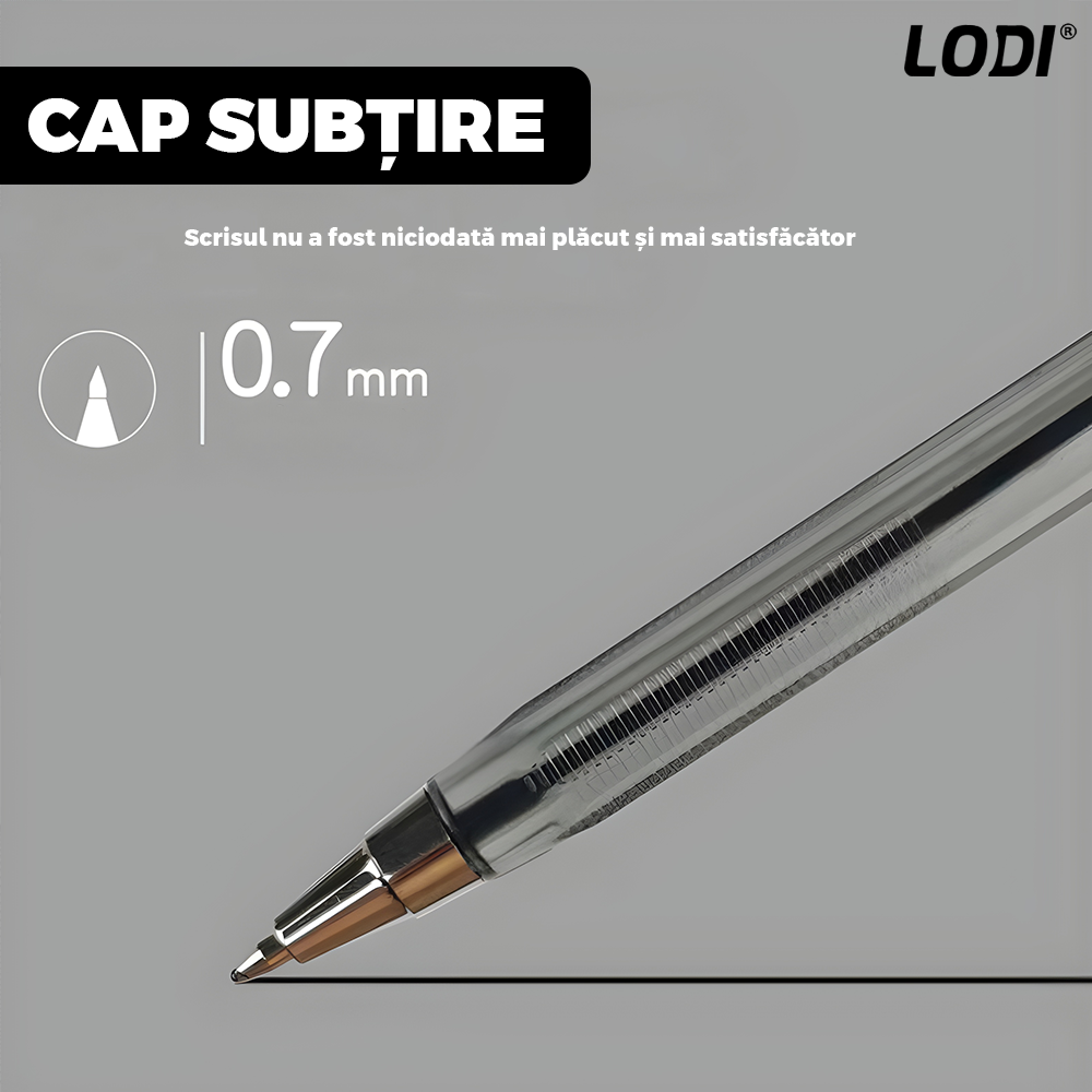 Set 50 de Pixuri Lodi1509, tip ballpoint, material rezistent, durabile, rezistente in timp, cap 0.7 mm, scriere neteda cu uscare rapida, cu capac, corp de plastic, negru