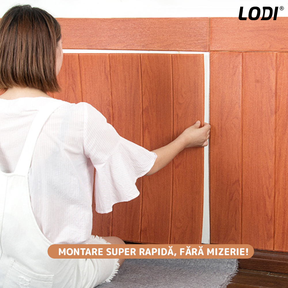 Set Tapet Panou 3D Lodi97, Model Lemn, suprafata acoperire 4.9 mp, autoadeziv, waterproof, usor de montat, design modern, 70x70 cm, portocaliu