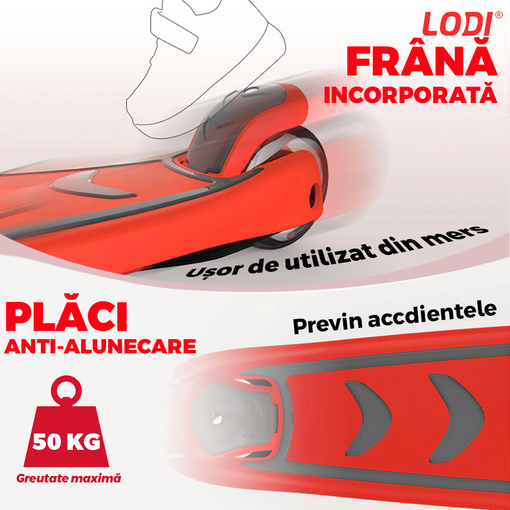 Trotineta pentru Copii cu Lumini Lodi1049, 3 roti, pliabila, anti-aluncare, inaltime ajustabila, stabila, frana, incorporata, 3-11 ani, rosu
