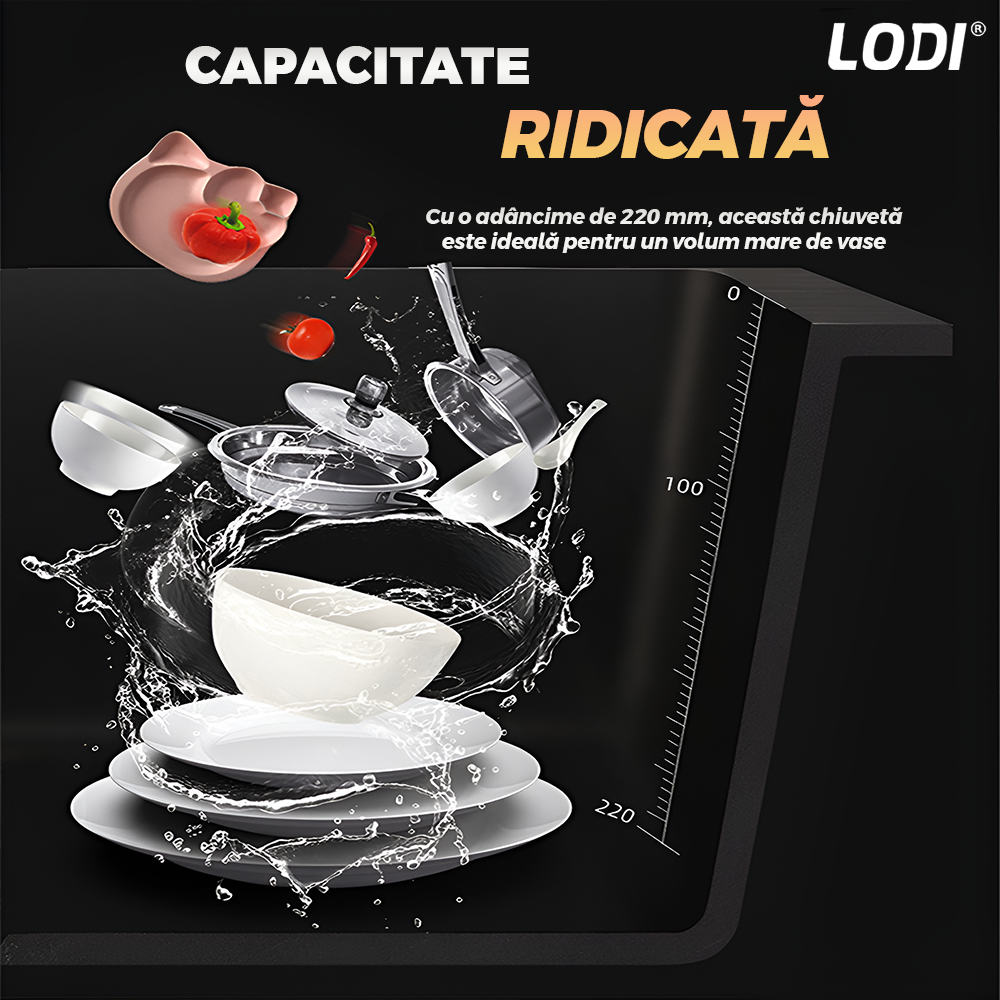 Chiuveta Multifunctionala pentru Bucatarie Lodi1218, materiale premium, baterie extensibila cu furtun de 60 de cm, rotire 360°, dozator de sapun inclus, scurgator de vase detasabil, adanca, usor de montat, negru mat
