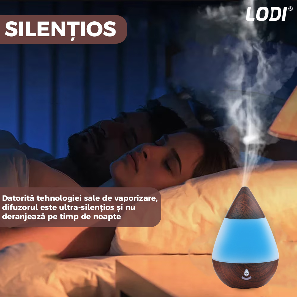 Difuzor Aromaterapie Lodi215, 7 culori LED, lumini dinamice, buton on/off, capacitate 235ml, silentios, umidifica aerul, stejar inchis