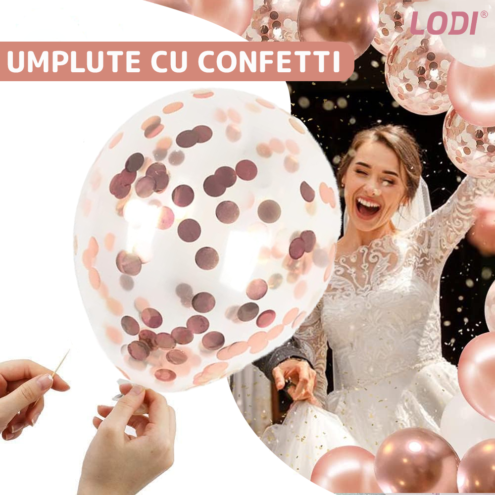 Set 27 Baloane Lodi757, Litere, pentru Petreceri/Aniversari/Evenimente, confetti, stelute, inimioare, model HAPPY BIRTHDAY, rose gold