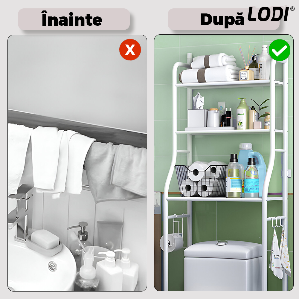 Raft de Depozitare pentru Baie Lodi1242, peste toaleta/ masina de spalat rufe, 3 rafturi, picioruse ajustabile, rezistent si stabil, ideal pentru prosoape sau produse de igiena, metal, 160 x 25 x 65 cm, albetalic, 10