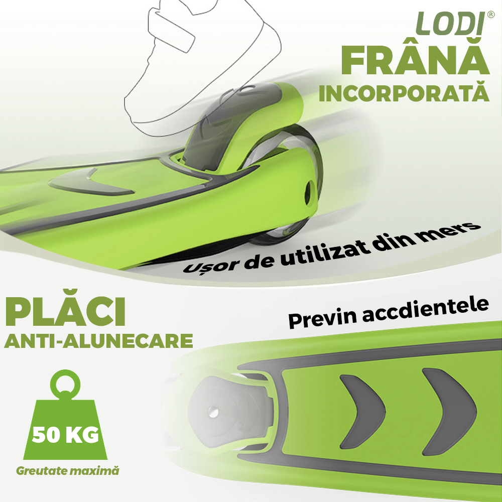 Trotineta pentru Copii cu Lumini Lodi1050, 3 roti, pliabila, anti-aluncare, inaltime ajustabila, stabila, frana, incorporata, 3-11 ani, verde