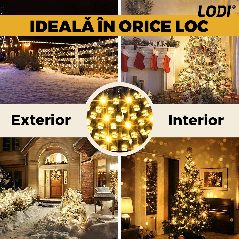 Instalatie de Craciun Liniara Lodi1433, 240 LED-uri, 8 jocuri de lumini, alimentare la priza, interior/exterior, rezistenta la apa, 50 m, alb cald