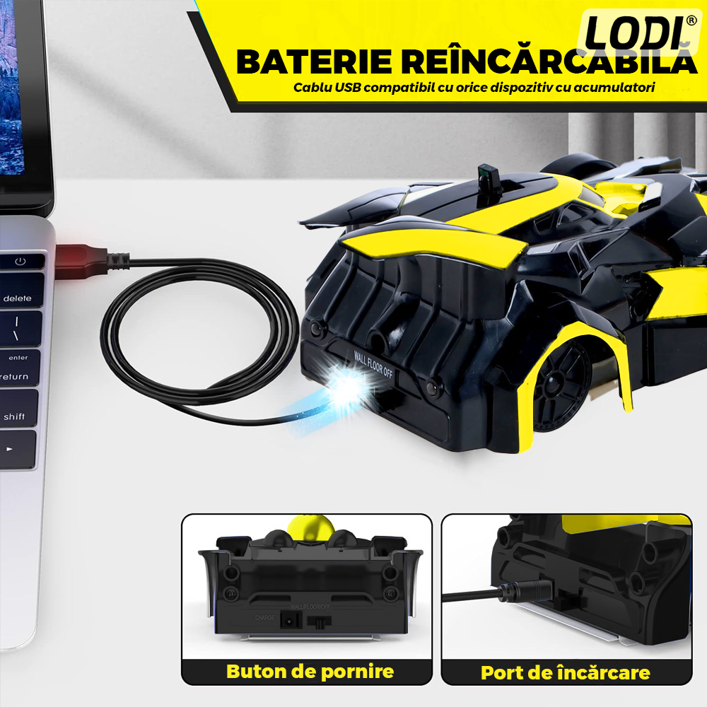 Masinuta Antigravitationala cu Telecomanda Lodi1427, urcare pe pereti si tavan, compatibila cu orice suprafata, rotire 360 de grade, senzor infrarosu, incarcare cu port USB, telecomanda intuitiva, galben/negru