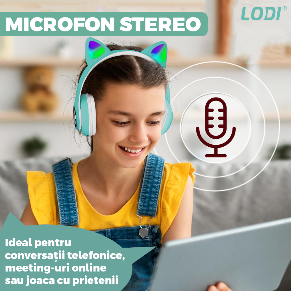 Casti Wireless Model Pisica Lodi948, STN-28, overear, urechi de pisica cu iluminare RGB, bluetooth 5.0, handsfree, HiFi, bass stereo, turcoaz