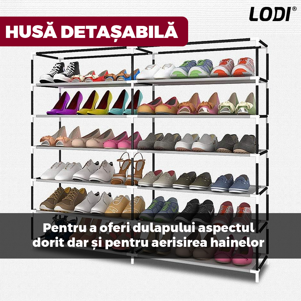 Pantofar din Material Textil pentru Incaltaminte Lodi1488, impermeabil, 12 rafturi, inchidere fermoar, cadru otel, 108 cm, rosu