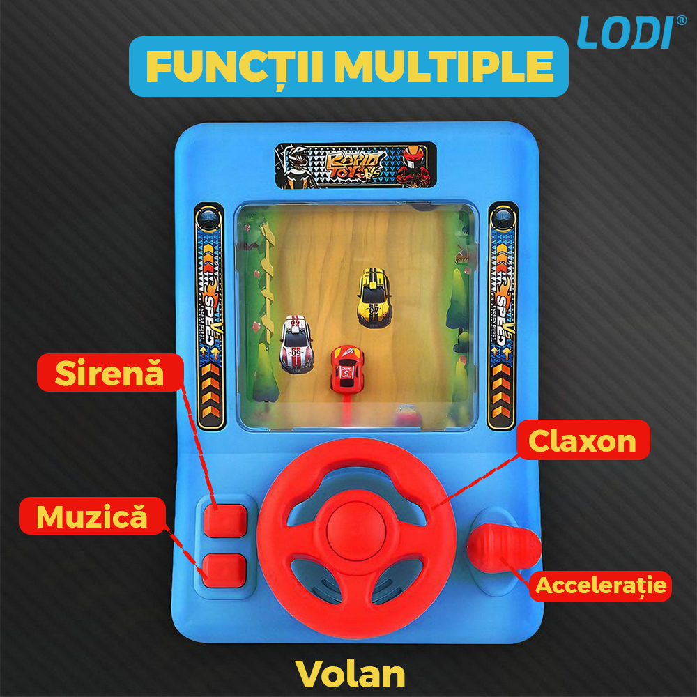 Simulator Auto Curse de Masini Lodi1065, joc interactiv de condus, functii diverse, buton de muzica, sirena, claxon, acceleratie, albastru