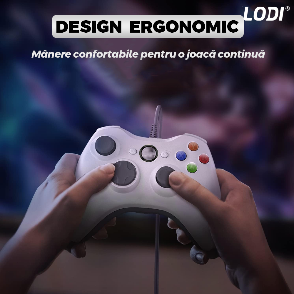 Controller de Joc cu Fir Lodi1426, compatibil cu Xbox 360/Slim/PC Windows 7/8/10, vibrații duble turbo cu 3 intensități, sensitivitate ridicată, cablu cu lungime de 2.5 m, alb