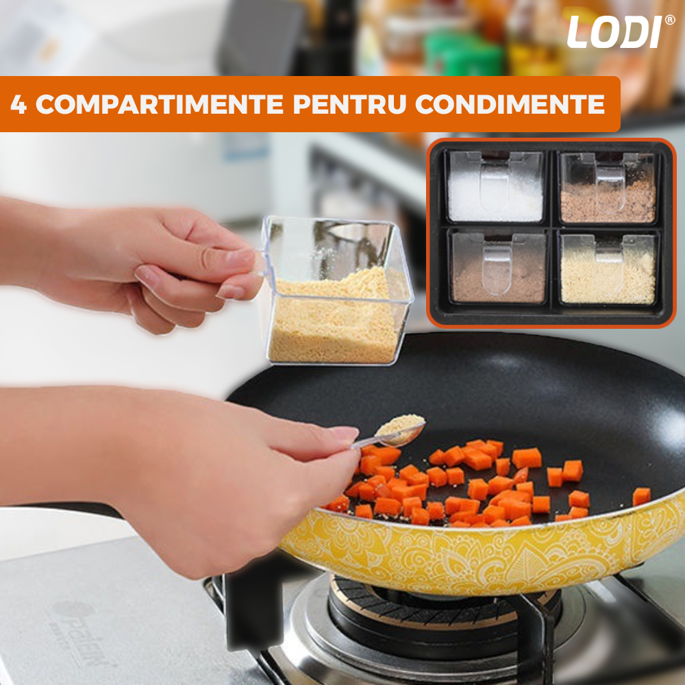 Organizator Multifunctional pentru Bucatarie Lodi603, 4 Compartimente, raft condimente, suport detasabil telefon, tavita de scurgere, suport tacamuri/ustensile, portocaliu