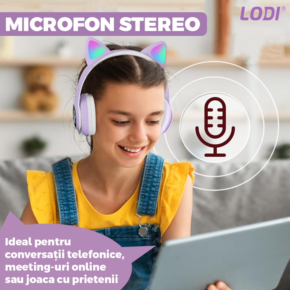 Casti Wireless Model Pisica Lodi947, STN-28, overear, urechi de pisica cu iluminare RGB, bluetooth 5.0, handsfree, HiFi, bass stereo, lila