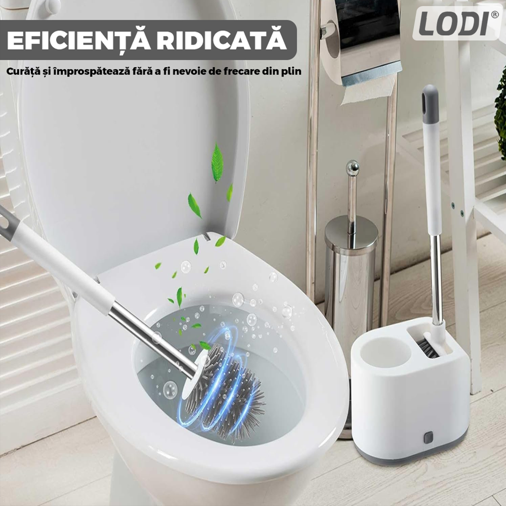 Set 2 Perii pentru Toaleta Lodi1107, perie de silicon, perie zimtata, cap flexibil, suport adeziv pentru montarea pe perete, curata orice tip de suprafata, alb/gri