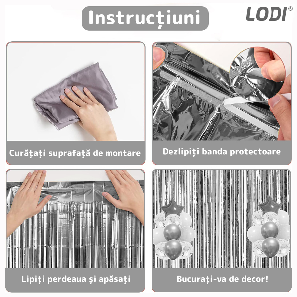 Set 2 Bucati Perdea Decorativa Lodi324, din folie argintiu metalizat, pentru petreceri aniversare