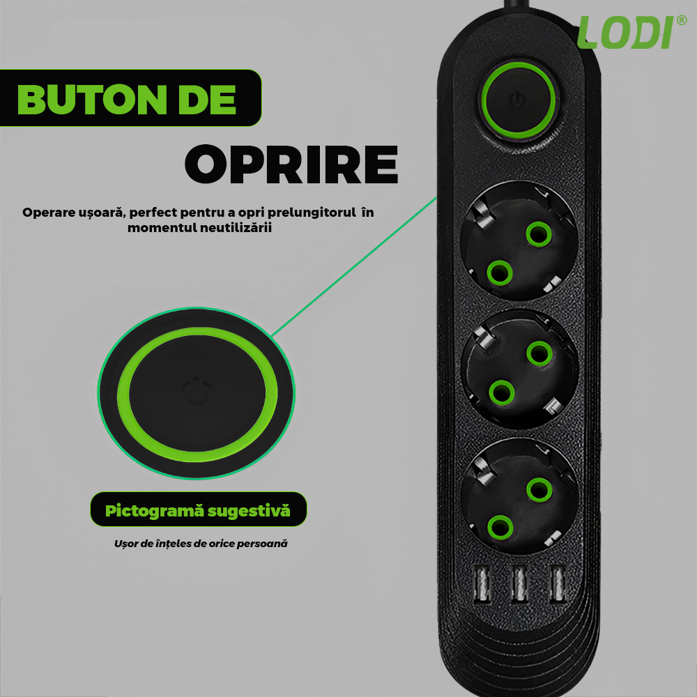 Prelungitor Lodi1277, 3 prize, 3 porturi USB, intrerupator, suport de agatare incorporat, rezistent la temperaturi inalte, universal, lungime 2 metri, negru