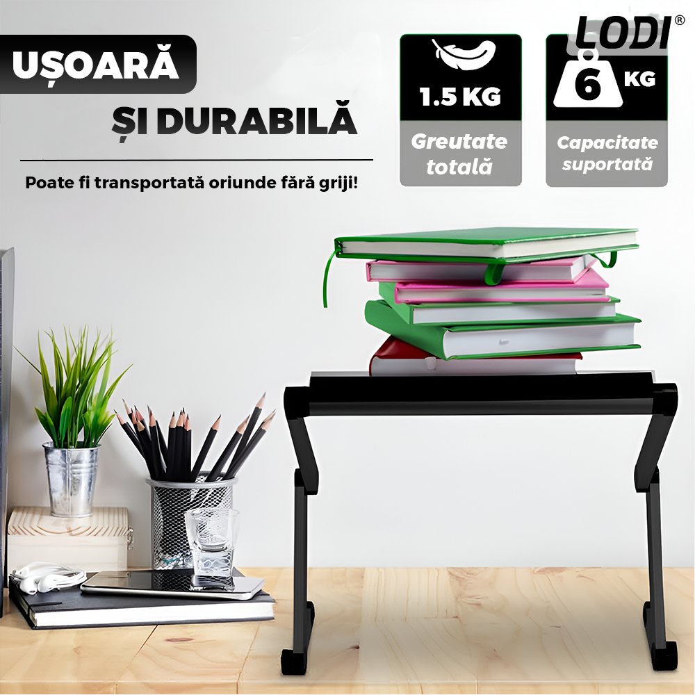 Masuta pentru Laptop 2 in 1 Lodi1241, reglabila pe inaltime, sistem de ventilatie dublu, coolere CPU, suport reglabl pentru mouse, multifunctionala, versatila, 42 x 26 cm, negru