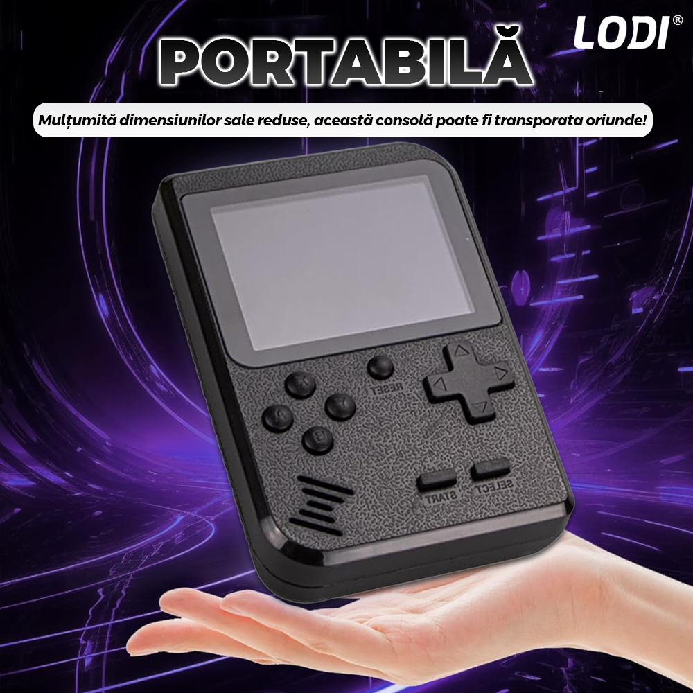 Mini Consola Jocuri Retro Game Box Lodi1502, SR-90, 400 in 1, maneta 2nd player inclusa, rotita volum, portabila, cablu AV, incarcare USB-MINI, autonomie ridicata, 11x8 cm, alb
