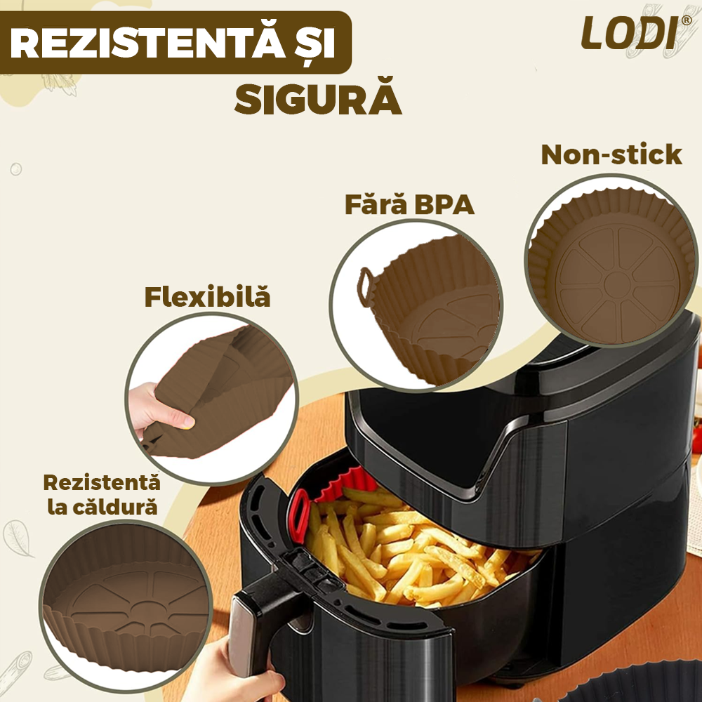Tava de Copt Rotunda Lodi1310, pentru friteuza/cuptor/microunde, antiaderenta, rezistenta la temperaturi inalte, 21 x 17 cm, maro