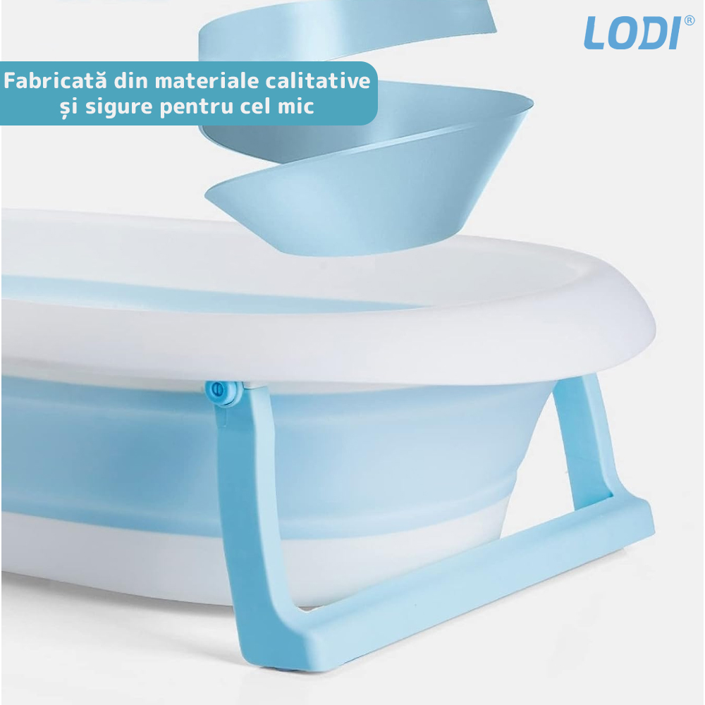 Cadita cu Pernuta pentru Bebelusi Lodi42, termometru digital incorporat, pliabila, dop de scurgere, picioare anti-alunecare, design ergonomic, 75 x 45 x 22 cm, albastru