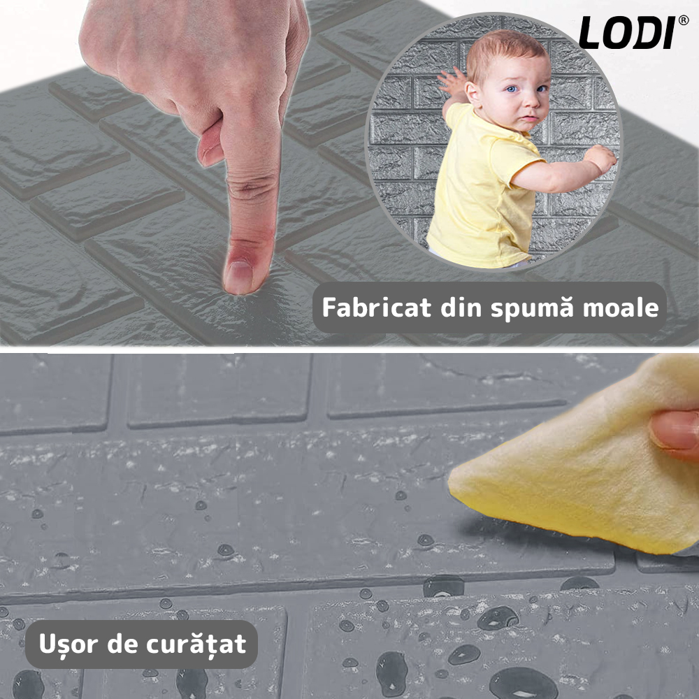 Set Tapet Mic Caramida 3D Lodi103, suprafata acoperire 3.31 mp, autoadeziv, waterproof, usor de montat, design modern, 38.5x34 cm, gri