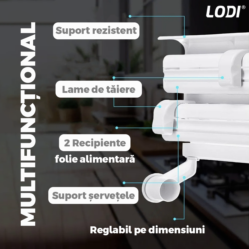 Dispenser de Bucatarie Multifunctional Lodi1491, 4 in 1, pentru folie alimentara/ folie de aluminiu/ hartie de copt si servetele, rezistent, montare usoara cu suruburi, compatibil cu diverse dimensiuni de role, alb