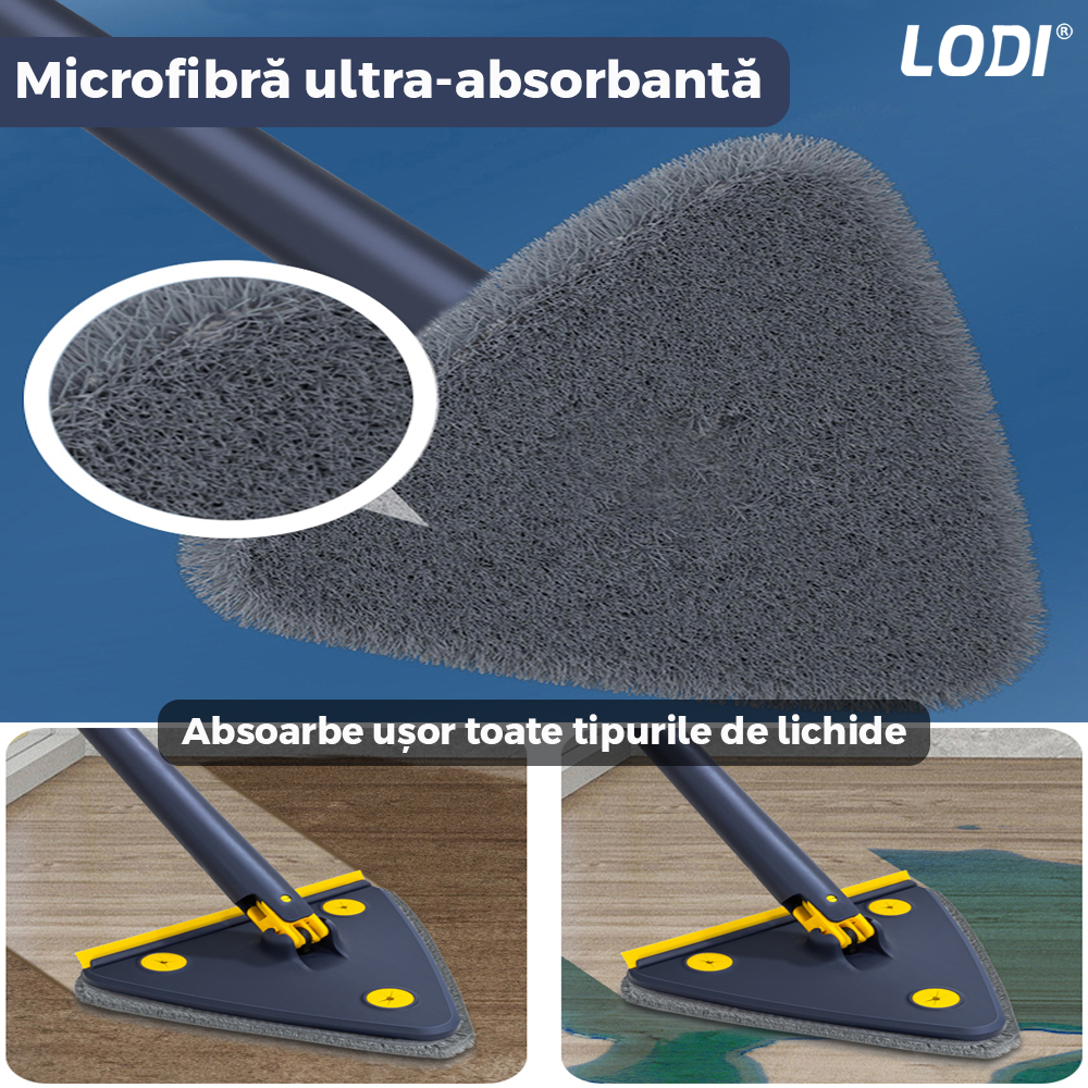 Mop cu Cap Triunghiular Lodi321, rotire 360 grade, telescopic, curatare usoara, 4 lavete incluse, 127 cm, albastru/galben
