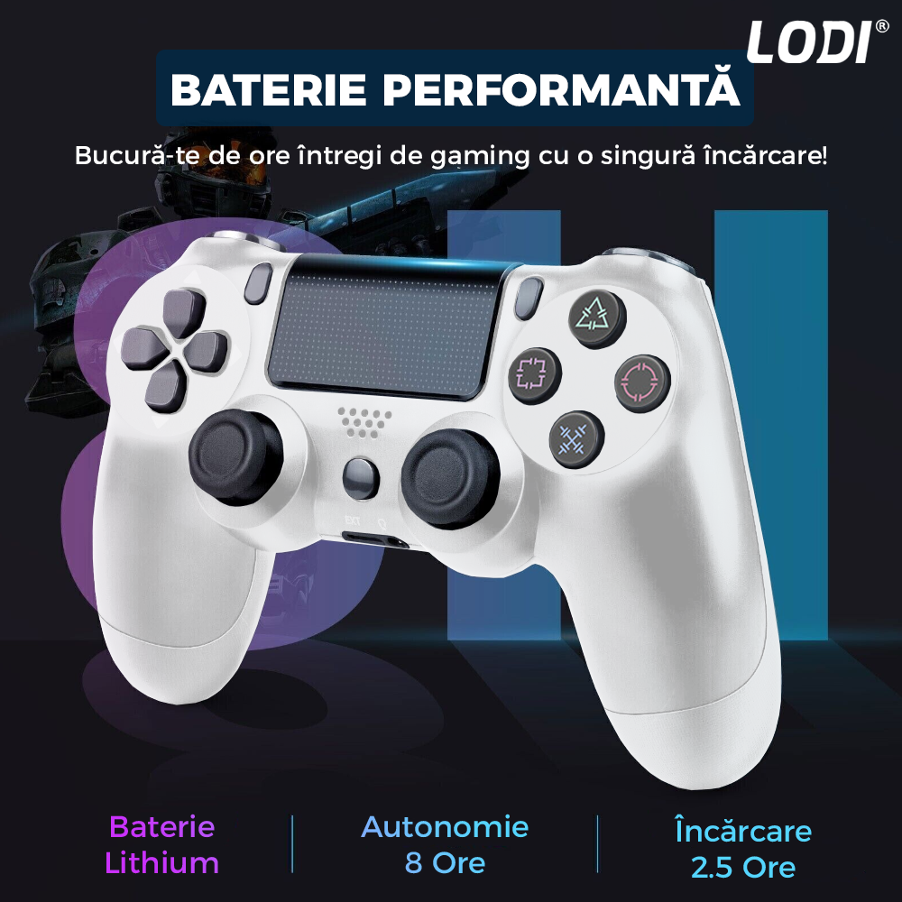 Controller Wireless DoubleShock Lodi1193, compatibil cu PS4, joystick-uri analog, vibratie dubla, baterie performanta, alb